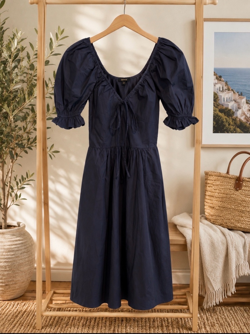 Quince 100% Organic Cotton Navy Puff Sleeve Tie Front Midi Dress Sz S-NWT